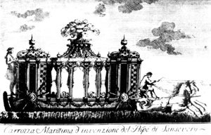 L'elegante carrozza marittima mentre solca le onde di gran carriera, con tanto di cavalli e cocchiere